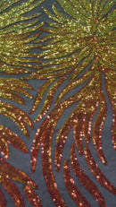 Feather Wings Sequins - Orange on Black - 4 Way Stretch Embroidered Wings Sequin By Yard