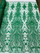 Luxury Beaded Design - Green - Sold By Yard Floral Fabric Embroidered w/ Pearls-Beads on Mesh Lace