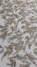 Plant Cluster Fabric - Rose Gold - Beaded Embroidered Leaf Plant Design on Lace Mesh By Yard