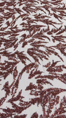 Plant Cluster Fabric - Burgundy - Beaded Embroidered Leaf Plant Design on Lace Mesh By Yard