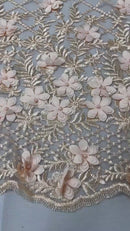 3D Triangle Floral Pearl Fabric - Peach - 3D Embroidered Floral Design on Lace Mesh By Yard