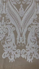 White Sequins Fabric on Lt Nude Mesh, Damask Design 4 Way Stretch Sequin Fabric Sold By The Yard