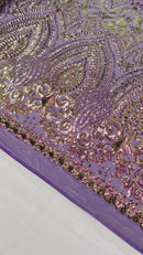Magenta Purple Gold Sequin Geometric Design, 4 Way Stretch Sequin Fabric On Spandex Mesh-Prom-Gown By The Yard