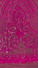 Geometric Design Fabric - Hot Pink - 4 Way Stretch Embroidered Design Sequins Fabric By Yard