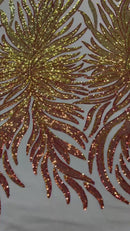 Feather Wings Sequins - Orange Iridescent on Nude - 4 Way Stretch Embroidered Wings Sequin By Yard