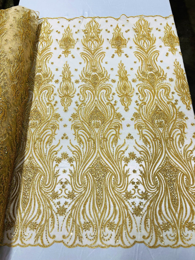 Luxury Beaded Design - Gold - Sold By Yard Floral Fabric Embroidered w/ Pearls-Beads on Mesh Lace