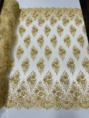 Floral Cluster Bead Fabric - Gold - Embroidered Flowers with Beads on Mesh Fabric Sold By Yard