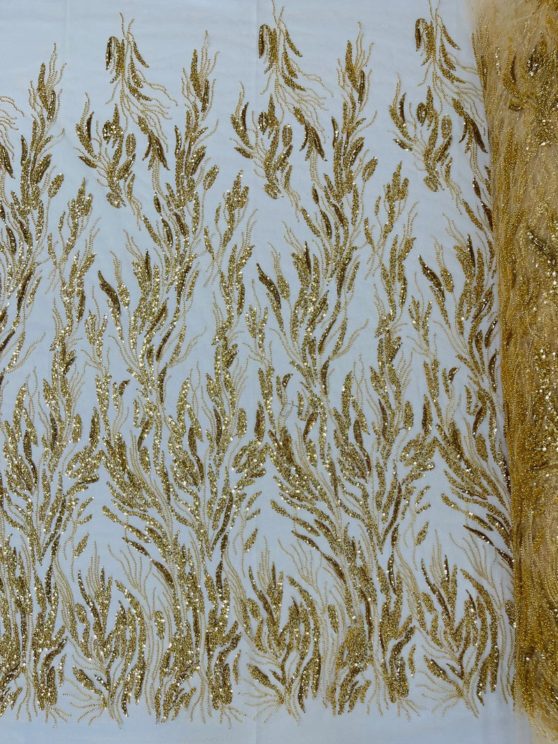 Beaded Wavy Plant Lines Fabric - Gold - Embroidered Wedding Bridal Fabric Sold By The Yard