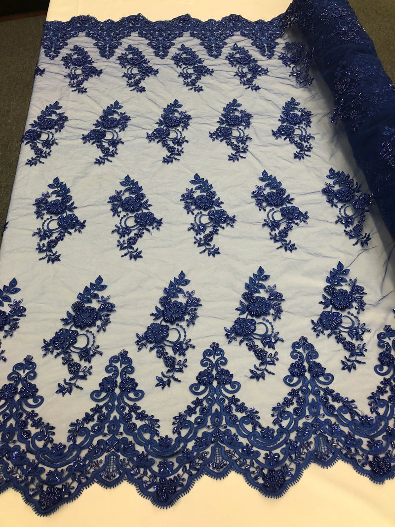 Floral Cluster Beaded Fabric - Royal Blue - Embroidered Flower Beaded Fabric Sold By The Yard