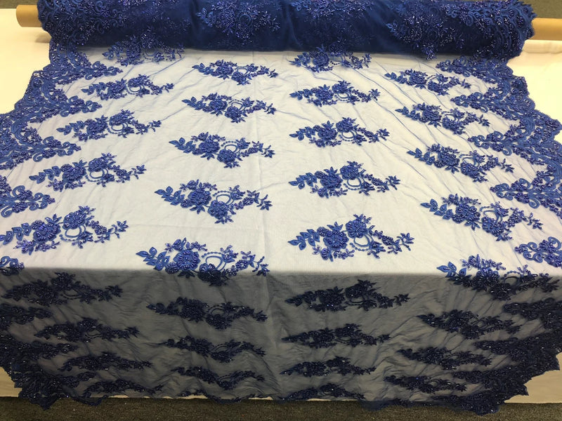 Floral Cluster Beaded Fabric - Royal Blue - Embroidered Flower Beaded Fabric Sold By The Yard