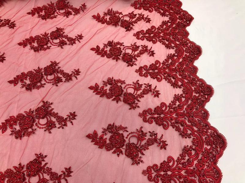 Floral Cluster Beaded Fabric - Red - Embroidered Flower Beaded Fabric Sold By The Yard