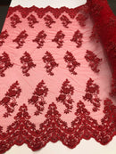 Floral Cluster Beaded Fabric - Red - Embroidered Flower Beaded Fabric Sold By The Yard