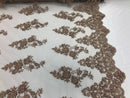 Floral Cluster Beaded Fabric - Coffee - Embroidered Flower Beaded Fabric Sold By The Yard