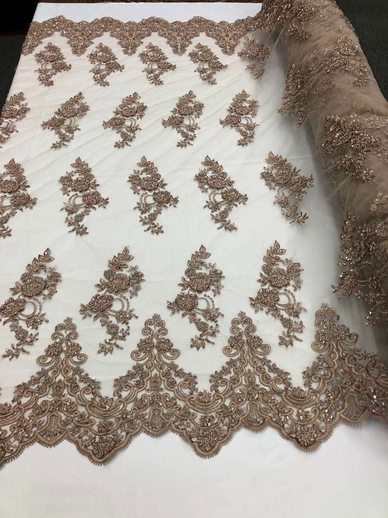 Floral Cluster Beaded Fabric - Coffee - Embroidered Flower Beaded Fabric Sold By The Yard