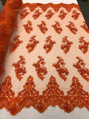 Floral Cluster Beaded Fabric - Orange - Embroidered Flower Beaded Fabric Sold By The Yard