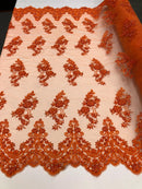 Floral Cluster Beaded Fabric - Orange - Embroidered Flower Beaded Fabric Sold By The Yard