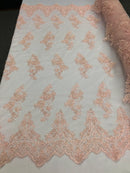 Floral Cluster Beaded Fabric - Light Pink - Embroidered Flower Beaded Fabric Sold By The Yard