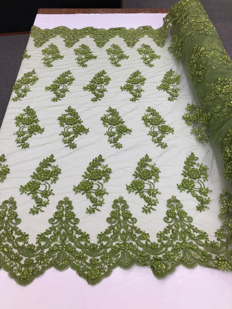 Floral Cluster Beaded Fabric - Olive Green - Embroidered Flower Beaded Fabric Sold By The Yard