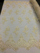 Floral Cluster Beaded Fabric - Ivory - Embroidered Flower Beaded Fabric Sold By The Yard