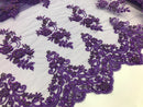 Floral Cluster Beaded Fabric - Purple - Embroidered Flower Beaded Fabric Sold By The Yard