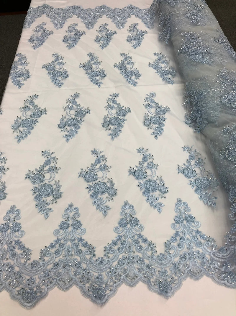 Floral Cluster Beaded Fabric - Baby Blue - Embroidered Flower Beaded Fabric Sold By The Yard