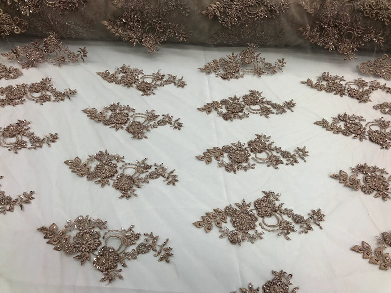 Floral Cluster Beaded Fabric - Coffee - Embroidered Flower Beaded Fabric Sold By The Yard