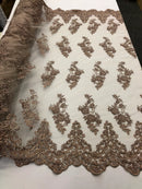 Floral Cluster Beaded Fabric - Coffee - Embroidered Flower Beaded Fabric Sold By The Yard