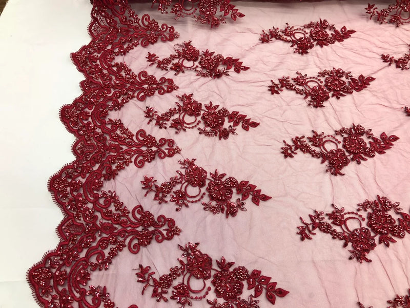 Floral Cluster Beaded Fabric - Burgundy - Embroidered Flower Beaded Fabric Sold By The Yard