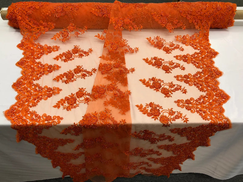 Floral Cluster Beaded Fabric - Orange - Embroidered Flower Beaded Fabric Sold By The Yard