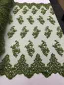 Floral Cluster Beaded Fabric - Olive Green - Embroidered Flower Beaded Fabric Sold By The Yard