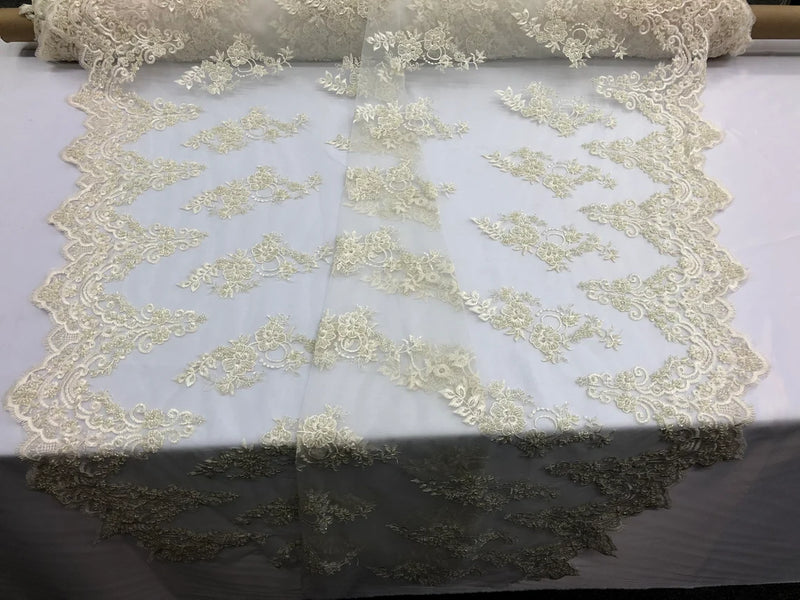 Floral Cluster Beaded Fabric - Ivory - Embroidered Flower Beaded Fabric Sold By The Yard