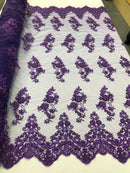 Floral Cluster Beaded Fabric - Purple - Embroidered Flower Beaded Fabric Sold By The Yard