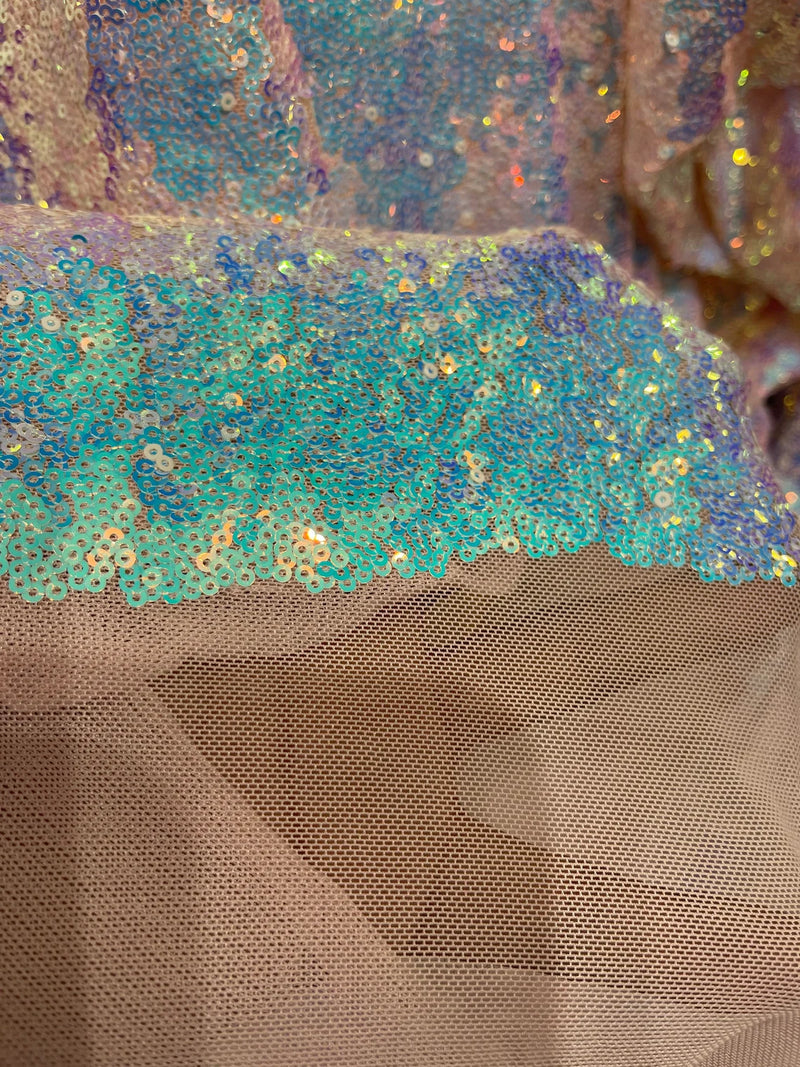 Mini Glitz Sequins - Iridescent Aqua - Mini Sequins on Light Nude 4 Way Stretch Lace Mesh Fabric