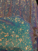 Mini Glitz Sequins - Iridescent Aqua - Mini Sequins on Light Nude 4 Way Stretch Lace Mesh Fabric