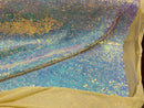 Mini Glitz Sequins - Iridescent Aqua - Mini Sequins on Nude 4 Way Stretch Lace Mesh Fabric