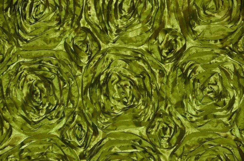 Rosette Fabric - Olive - 3D Rosette Satin Floral Fabric Sold By Yard