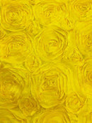 Rosette Fabric - Yellow - 3D Rosette Satin Floral Fabric Sold By Yard