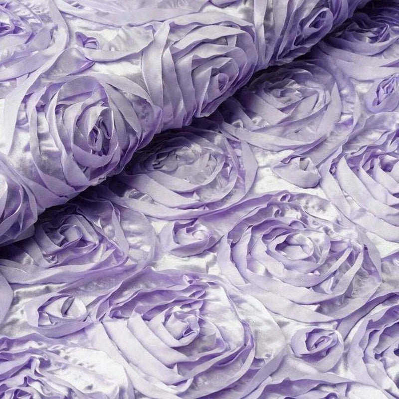 Rosette Fabric - Lavender - 3D Rosette Satin Floral Fabric Sold By Yard