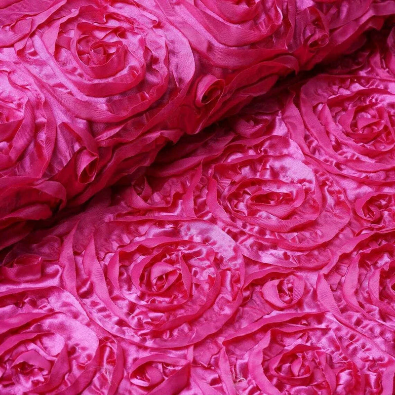 Rosette Fabric - Fuschia - 3D Rosette Satin Floral Fabric Sold By Yard