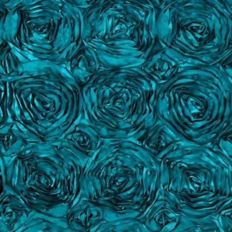 Rosette Fabric - Dark Teal - 3D Rosette Satin Floral Fabric Sold By Yard