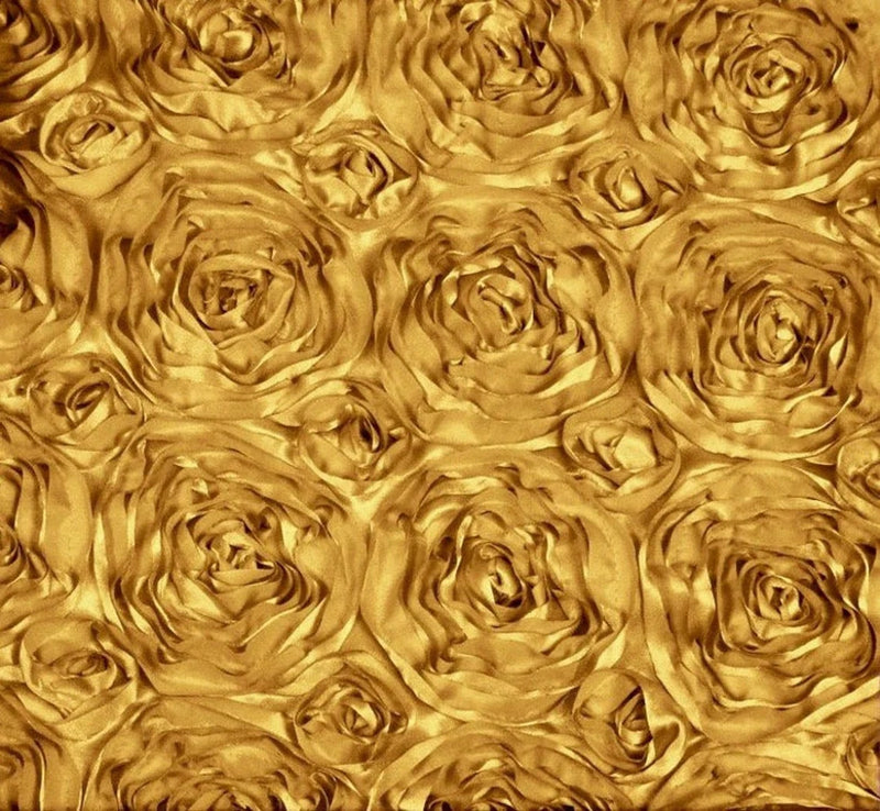 Rosette Fabric - Dark Gold - 3D Rosette Satin Floral Fabric Sold By Yard