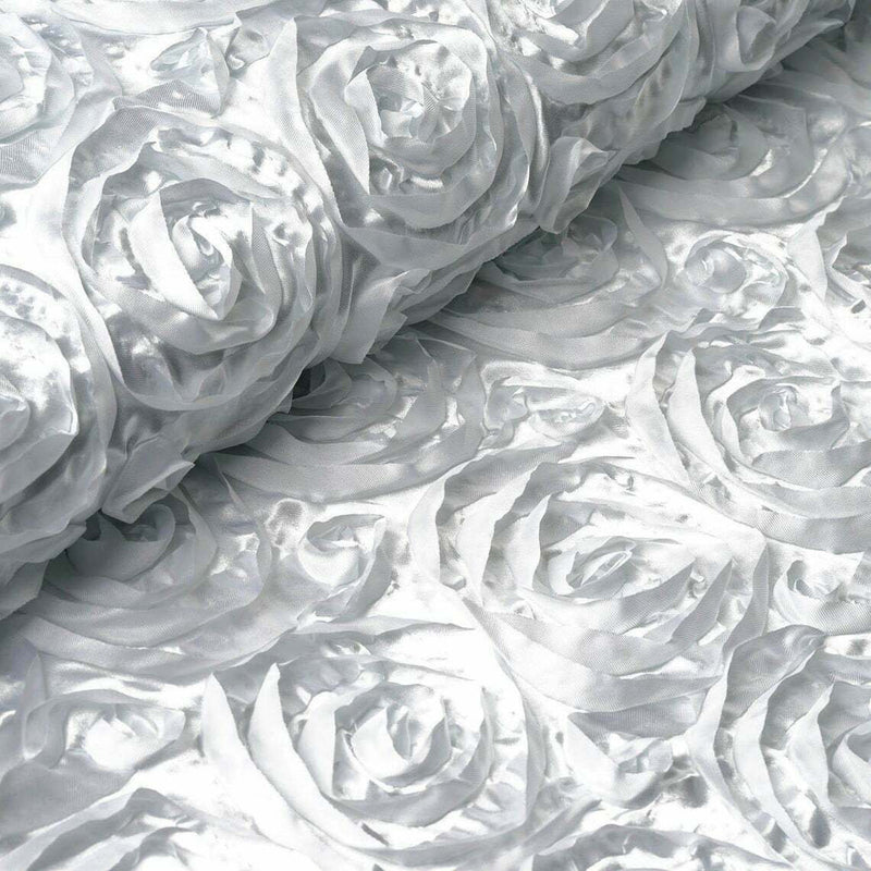 Rosette Fabric - White - 3D Rosette Satin Floral Fabric Sold By Yard