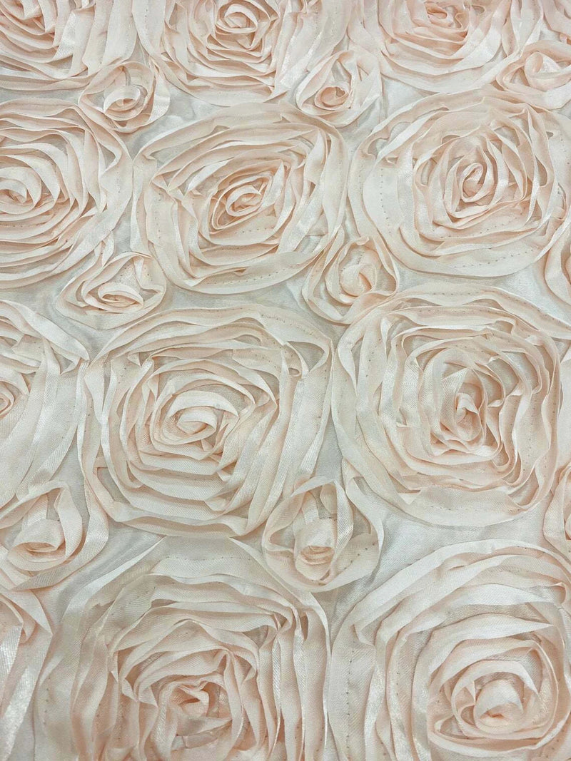 Rosette Fabric - Blush - 3D Rosette Satin Floral Fabric Sold By Yard