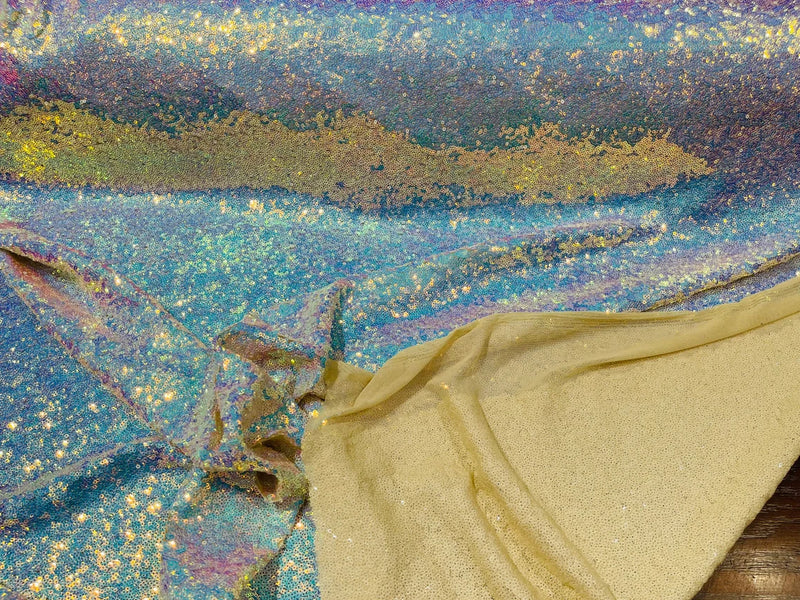 Mini Glitz Sequins - Iridescent Aqua - Mini Sequins on Nude 4 Way Stretch Lace Mesh Fabric