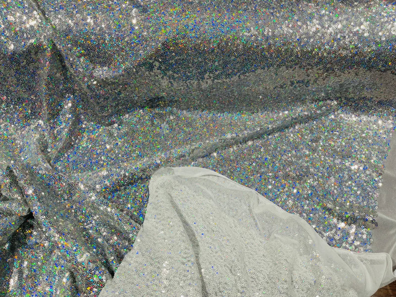 Mini Glitz Sequins - Holographic Silver - Mini Sequins on 4 Way Stretch Lace Mesh Fabric