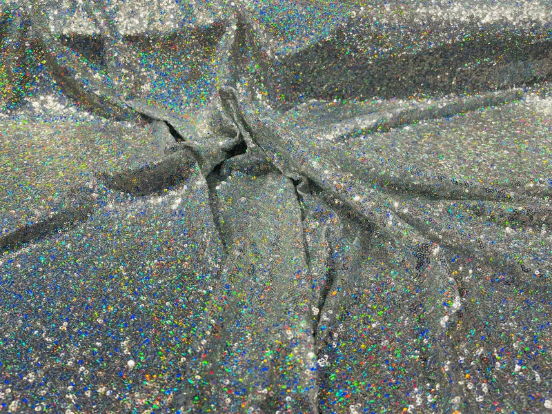 Mini Glitz Sequins - Holographic Silver - Mini Sequins on 4 Way Stretch Lace Mesh Fabric