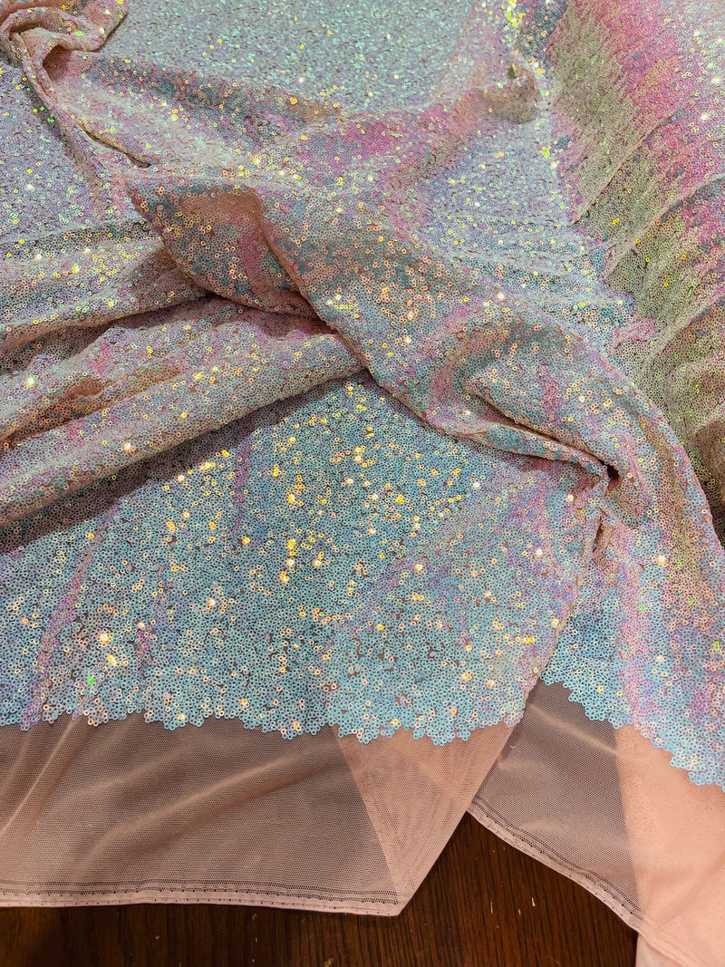 Mini Glitz Sequins - Iridescent Unicorn - Mini Sequins on Blush 4 Way Stretch Lace Mesh Fabric