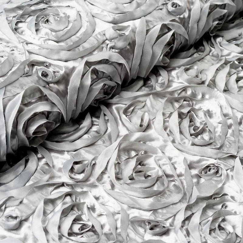 Rosette Fabric - Silver - 3D Rosette Satin Floral Fabric Sold By Yard