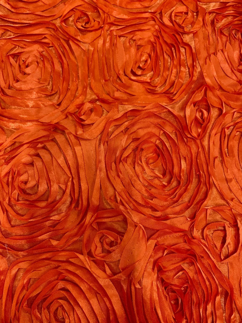 Rosette Fabric - Orange - 3D Rosette Satin Floral Fabric Sold By Yard