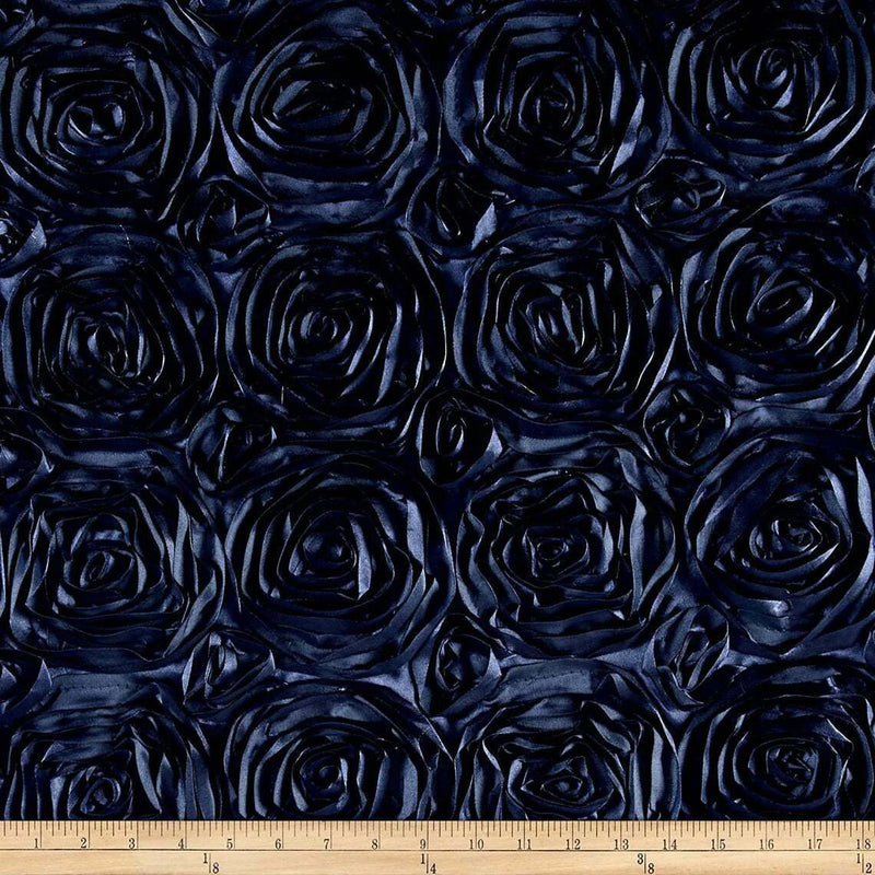 Rosette Fabric - Navy Blue - 3D Rosette Satin Floral Fabric Sold By Yard